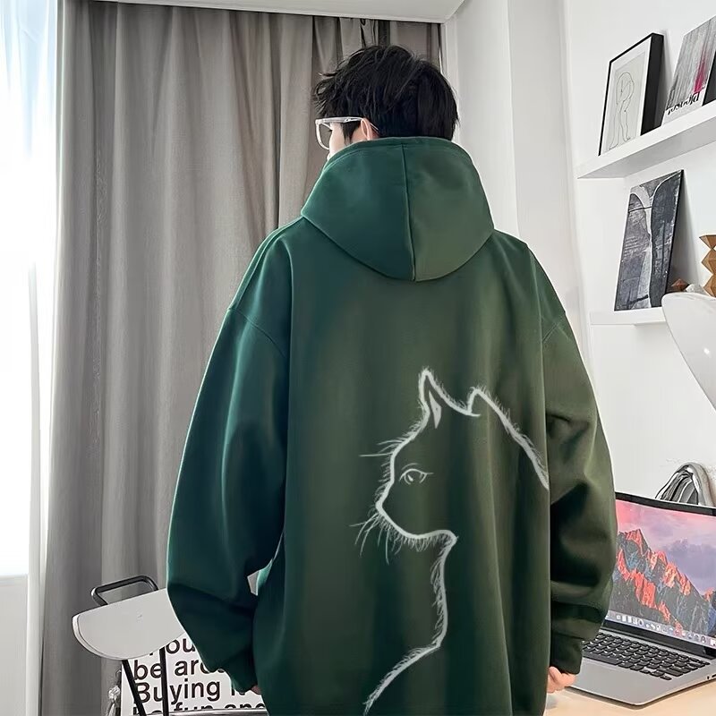 Dark green hooded sweatshirt with a white cat outline graphic on the back, casual style and fleece material.