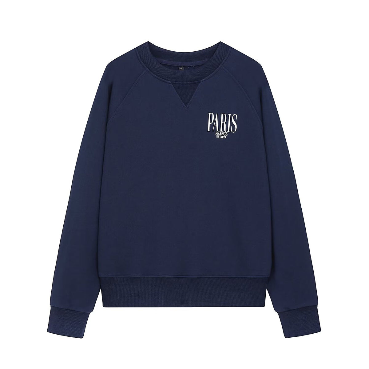 Navy blue crewneck sweatshirt in cotton knit with white "Paris" text on the chest.