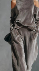 Women's Korean velvet long sleeve top and pants set by FitiqueFit, casualwear with soft fabric and comfortable fit.