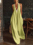 Plus size Shopimist full size halter neck jumpsuit with lace trim and wide leg design, stylish and comfortable for casual wear.