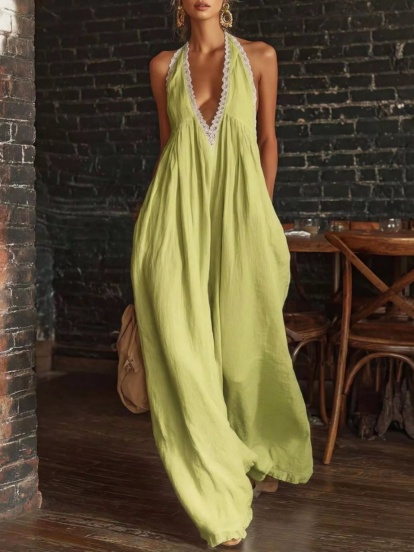 Plus size Shopimist full size halter neck jumpsuit with lace trim and wide leg design, stylish and comfortable for casual wear.