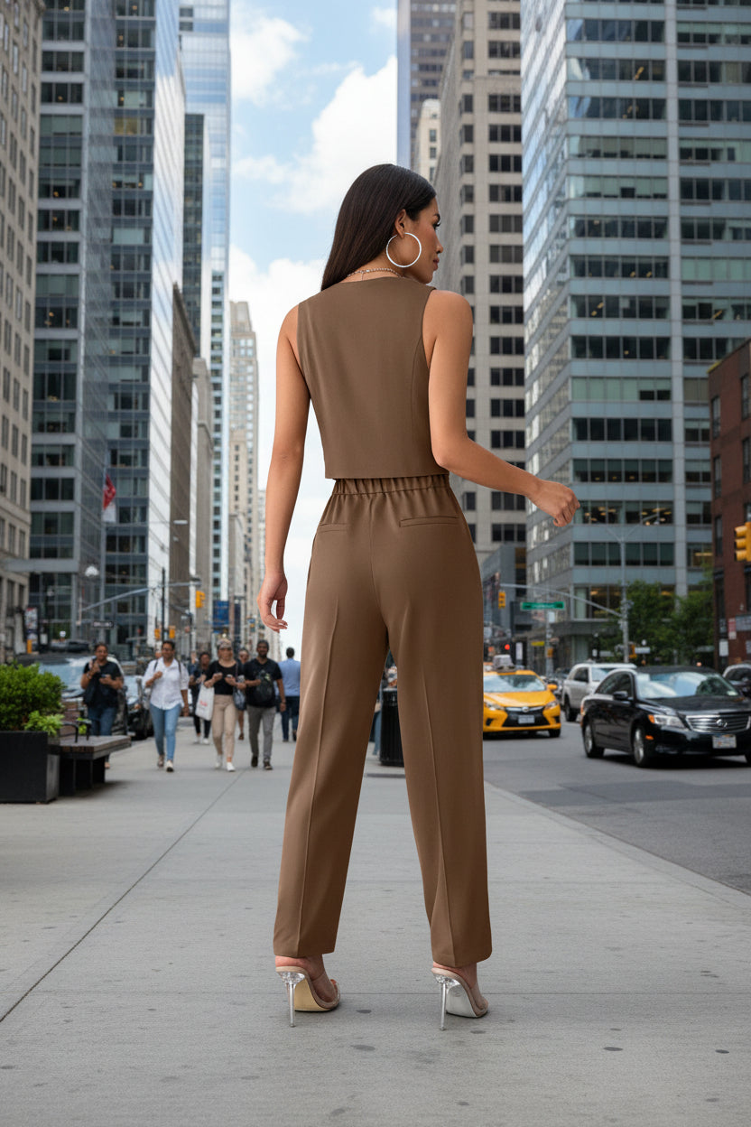 Women’s coffee-colored sleeveless pleated jumpsuit by FitiqueFit, casualwear with a fitted waist and flowing pleats, front view.