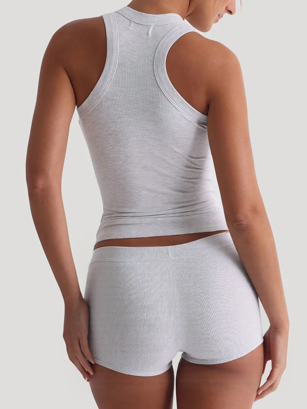 Trendsi ribbed active wear tank top and shorts set, lightweight and comfortable for workout or casual wear, in neutral color.