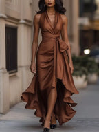 Plus size high-low satin maxi dress with ruffles, full-length design, in a stylish and elegant Shopimist fashion silhouette.