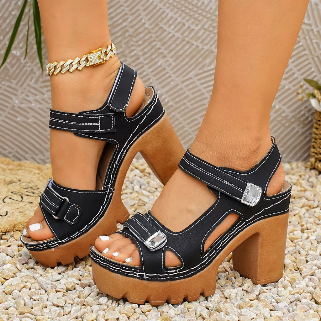Open toe block heels sandals by Shopimist featuring a stylish design with a chunky heel and open toe in neutral color.
