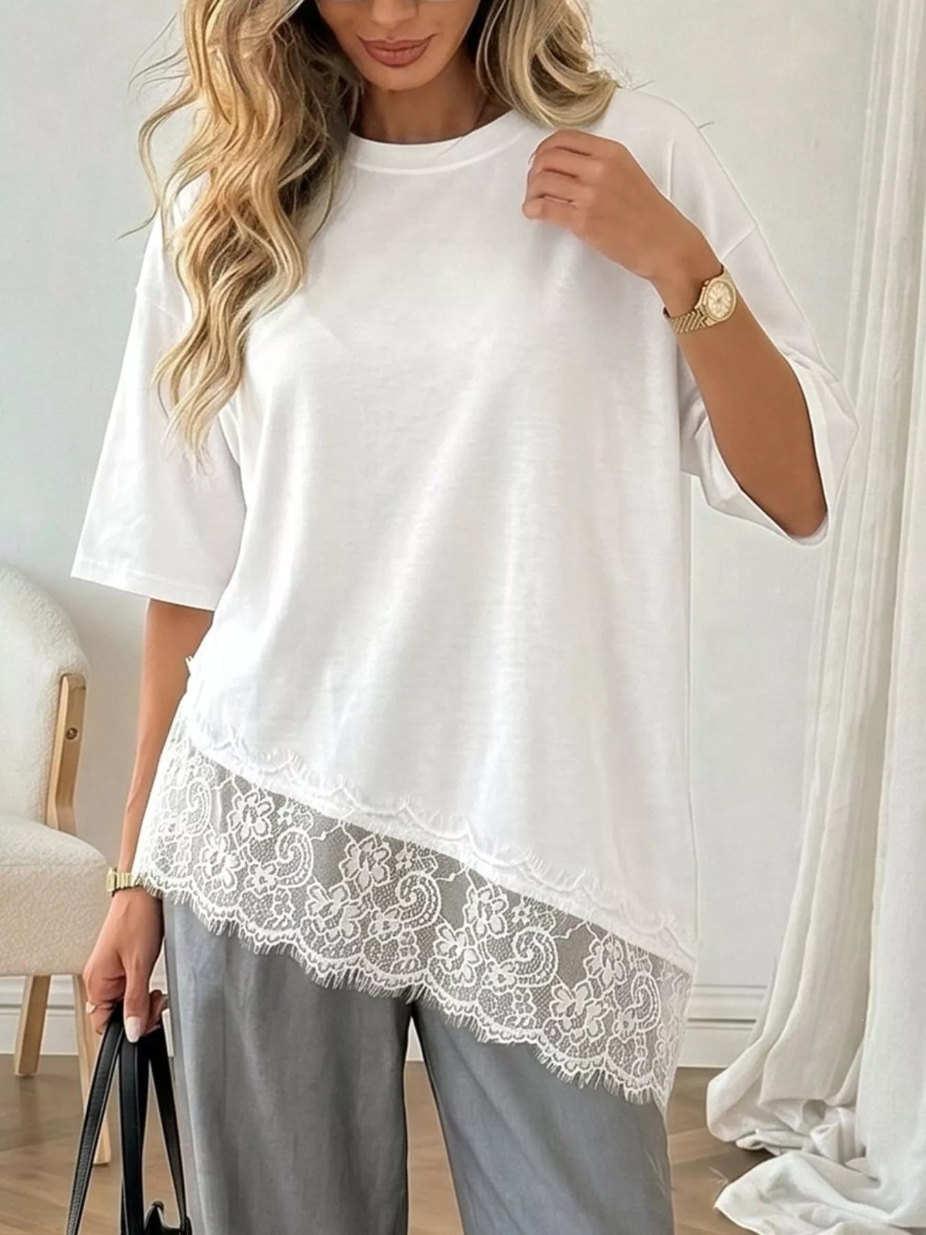 Lace detail half sleeve T-shirt from Plush Fashion Hub, soft fabric with elegant lace accents on the sleeves and neckline.