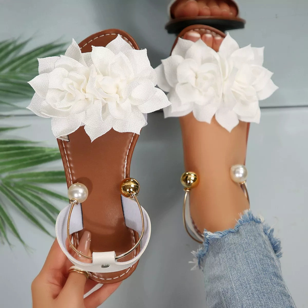 Shopimist floral decor flat sandals with colorful flower embellishments and open toe design, perfect for summer casual wear.