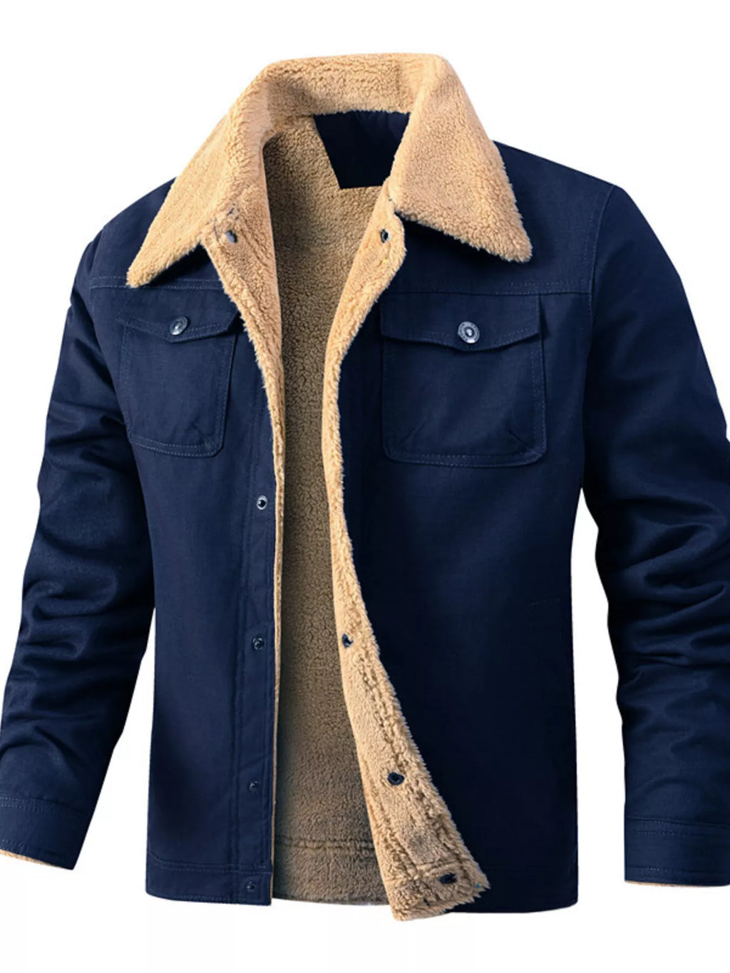 Men's plus size Sherpa-lined snap down jacket by Shopimist, showing the cozy, full-size men's outerwear with button details and plush lining.