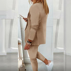 Women’s casual blazer and drawstring pants suit set by FitiqueFit, featuring notch lapel blazer and comfortable matching pants.