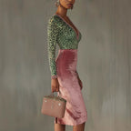 Shiny, stretchy velvet bodycon high-waist mermaid skirt from Plush Fashion Hub, featuring a sleek, form-fitting silhouette.