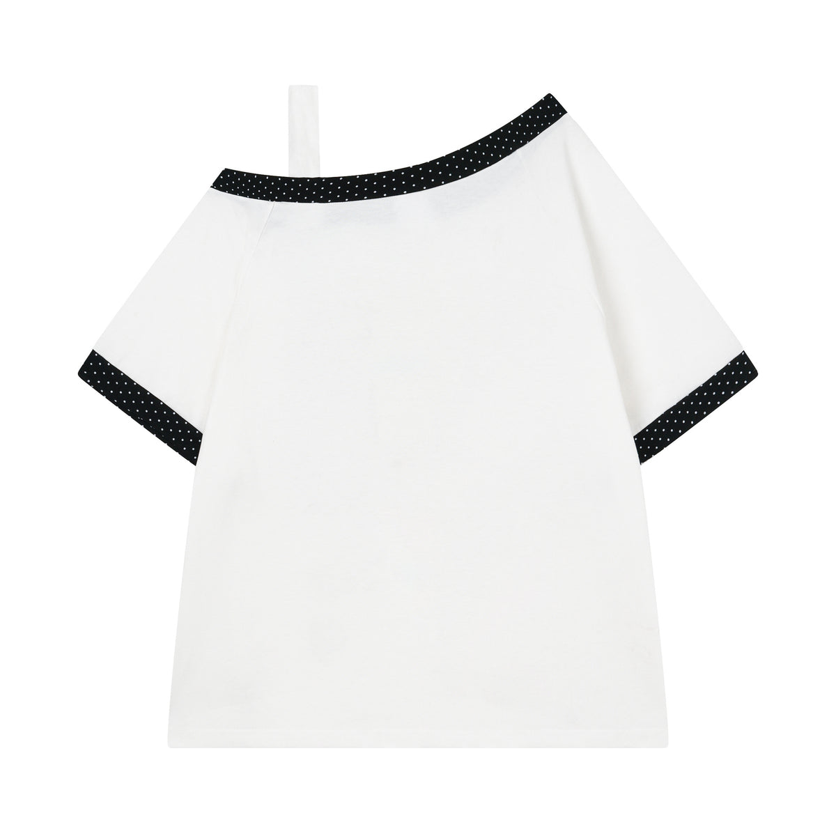 Slim fit eprolo shoulder T-shirt with polka dot splicing and drawstring, casual top with stylish design.