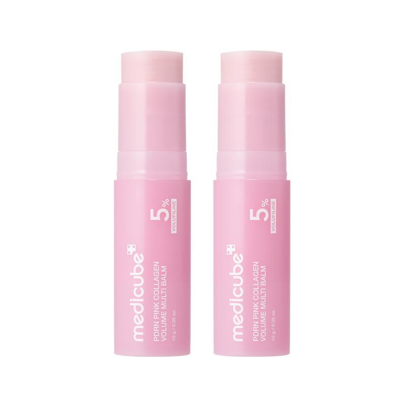 Two identical Medicube pink PDRN pink collagen volume multi balm sticks with white text on a white background.