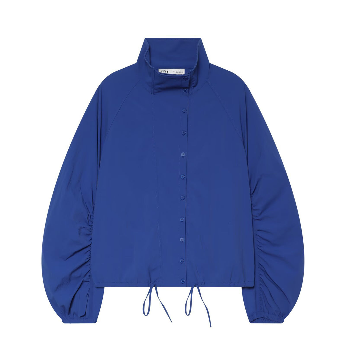 Royal blue high-neck nylon blouse with long sleeves, ruched details, buttons, and a drawstring hem.