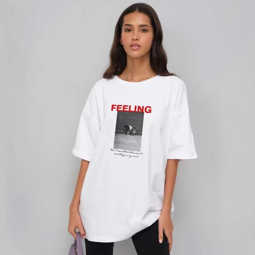 Women’s short sleeve T-shirt with letter pattern by eprolo, casual top featuring a stylish print and comfortable fit.