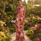 Floral strapless chiffon maxi dress by FitiqueFit featuring a high-waist A-line design, long and elegant for women.