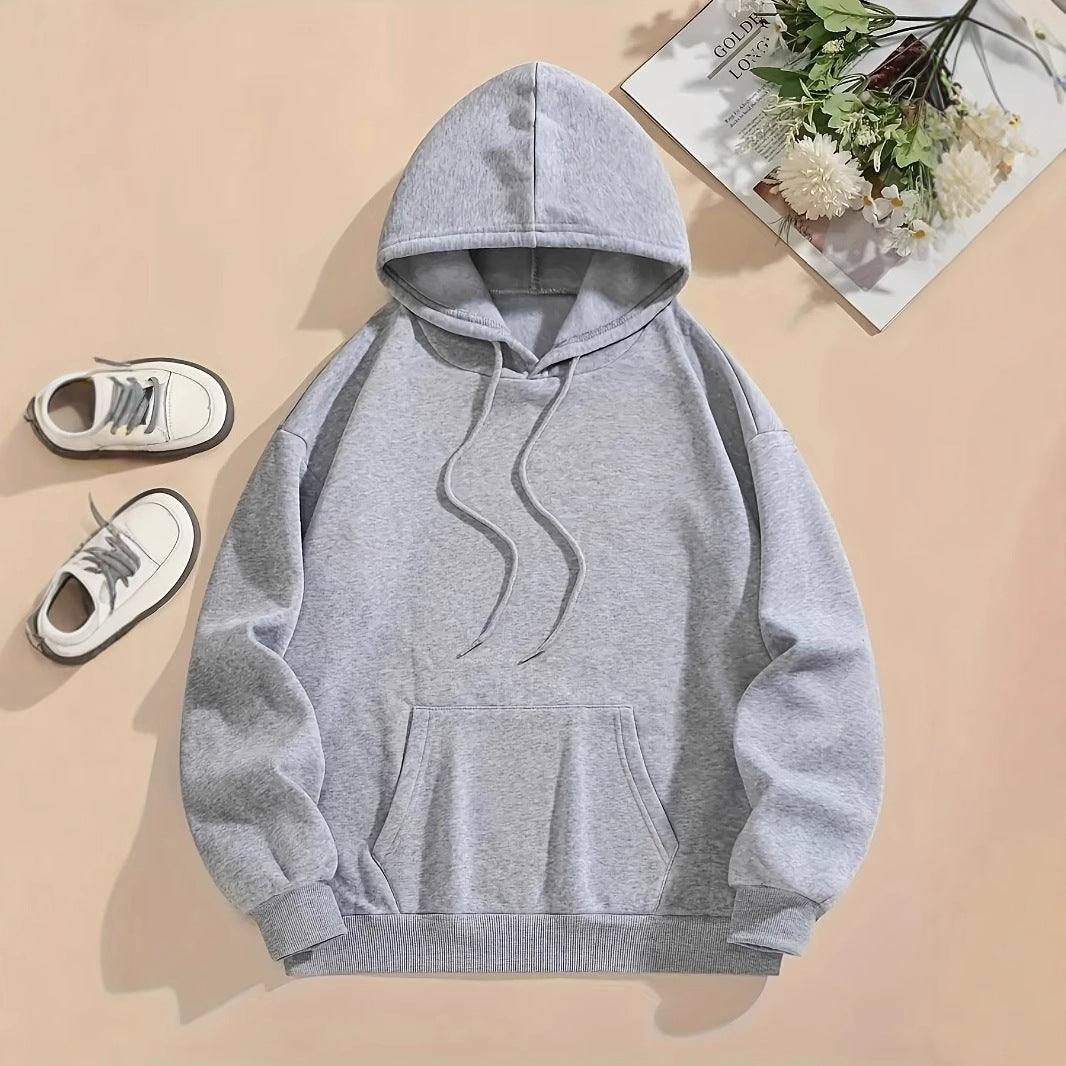Plain gray heathered cotton hoodie with long sleeves, front pocket, and matching drawstrings.