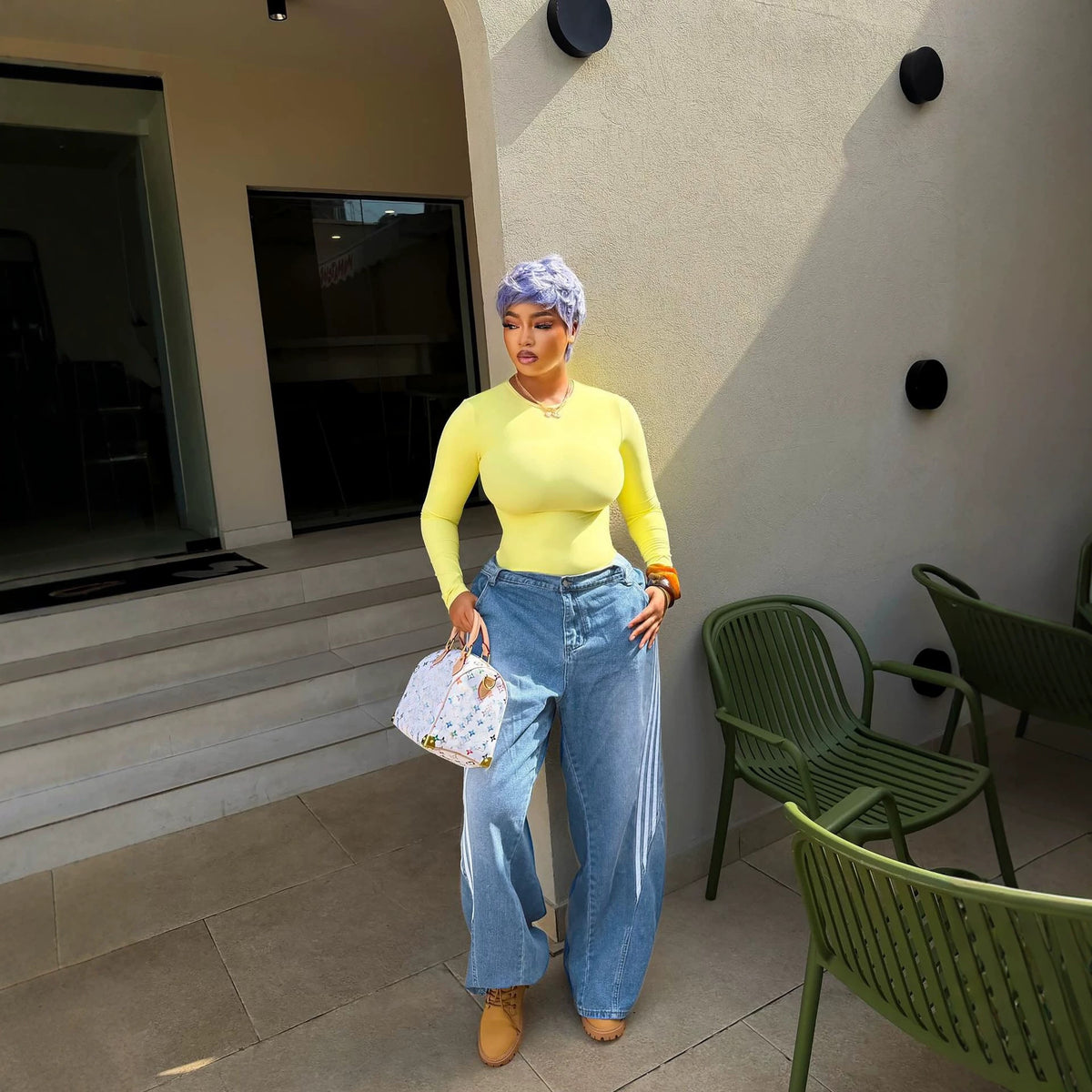 Eprolo street style striped patchwork washed denim pants with knife cut design and distressed details, casual urban fashion look.