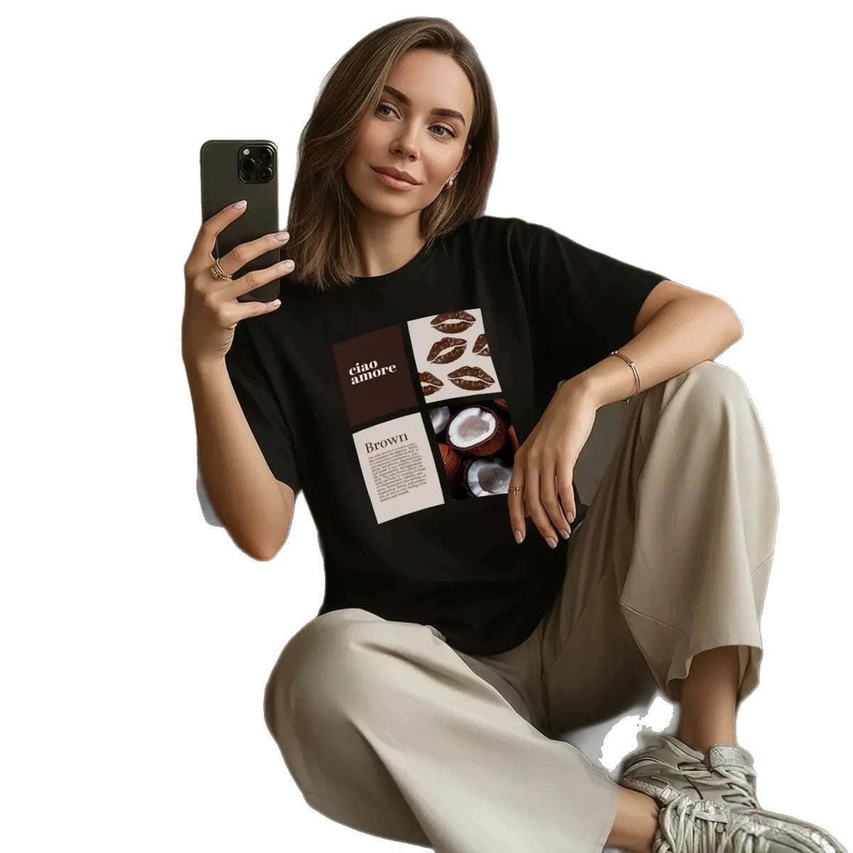 Light beige eprolo short-sleeved loose T-shirt with a relaxed fit, displayed flat on a white background.