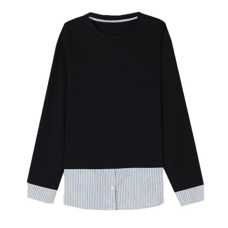 Black knit long-sleeve sweater featuring a blue and white striped shirt hem and matching cuffs.