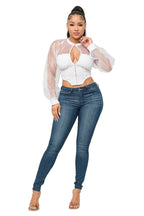 Elegant blouse from The House of Stylez featuring front hook and eyelet closure with a keyhole button detail.