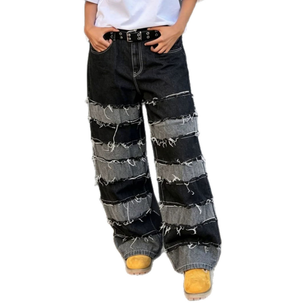 Women's Deconstructed Black & Gray Patchwork Straight Fit Denim Jeans