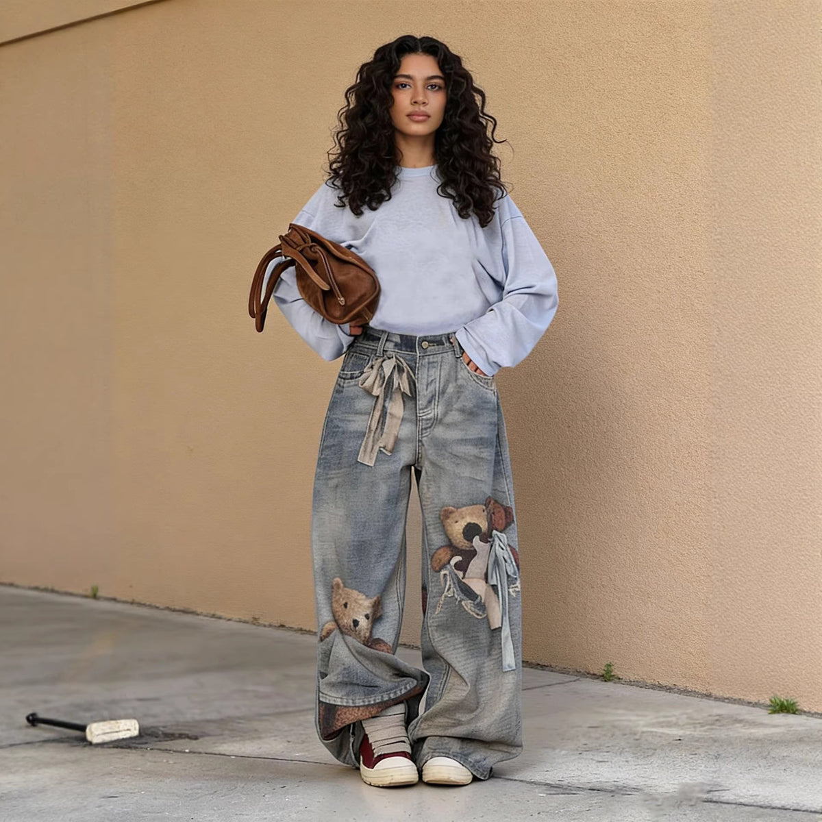 Plush Fashion Hub Bear Bow 3D optical illusion print jeans showing realistic bear and bow design on stylish pants
