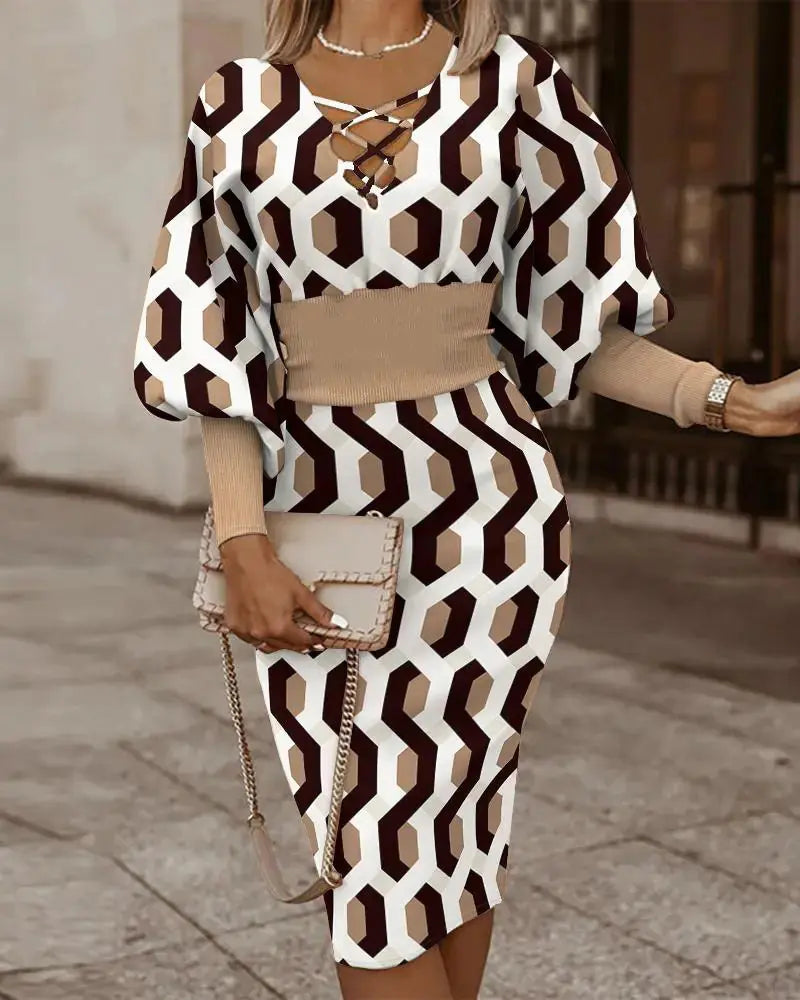 Elegant women's V-neck long sleeve pencil dress by Trendy Attic Store01, featuring a fitted silhouette and sophisticated design.