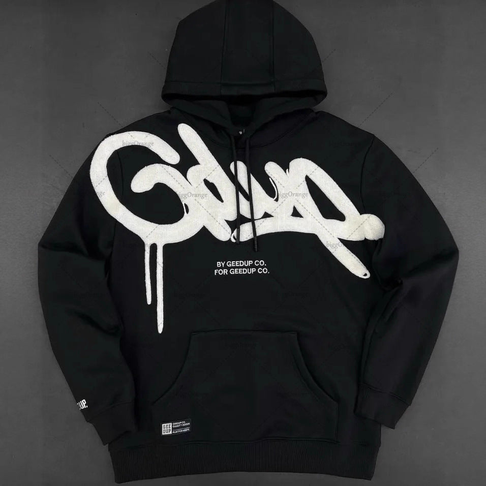 Unisex casual loose hoodie with embroidered letter design in black and gray, featuring a comfortable fit and plush fabric from Plush Fashion Hub.
