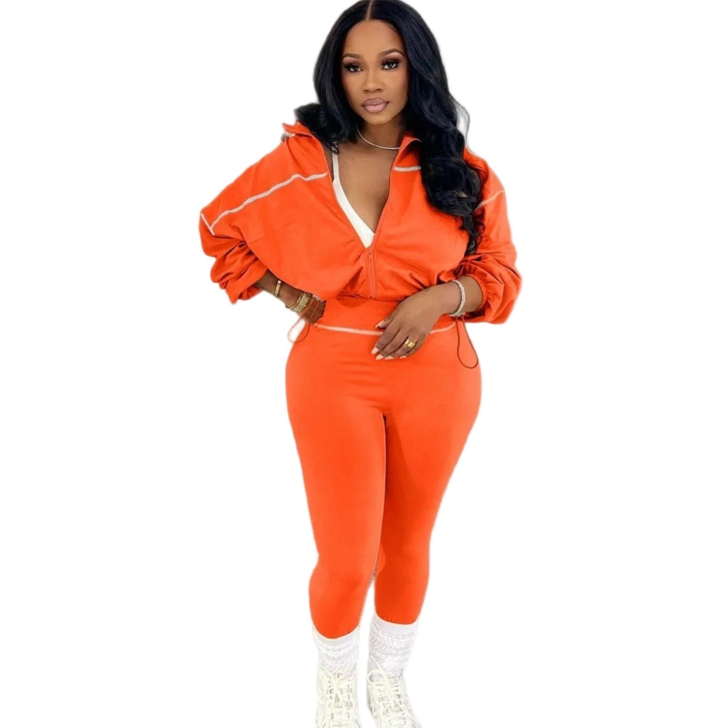 Plush Fashion Hub modern zip-front long sleeve two-piece set, featuring a stylish top with a front zipper and matching pants.