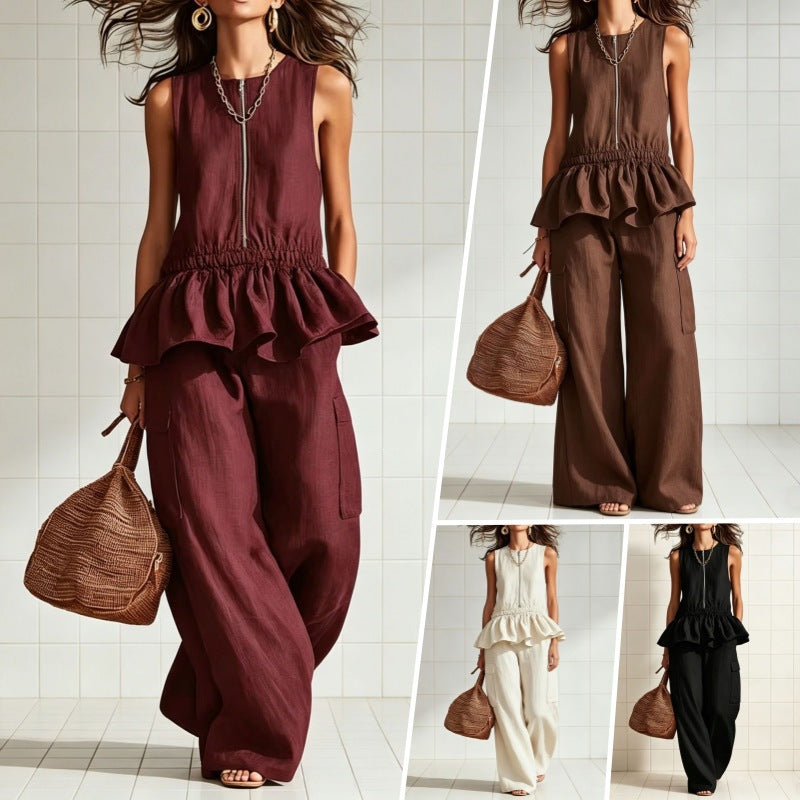 Women's sleeveless pleated vest and wide-leg pants set by FitiqueFit, stylish streetwear two-piece outfit with modern design.