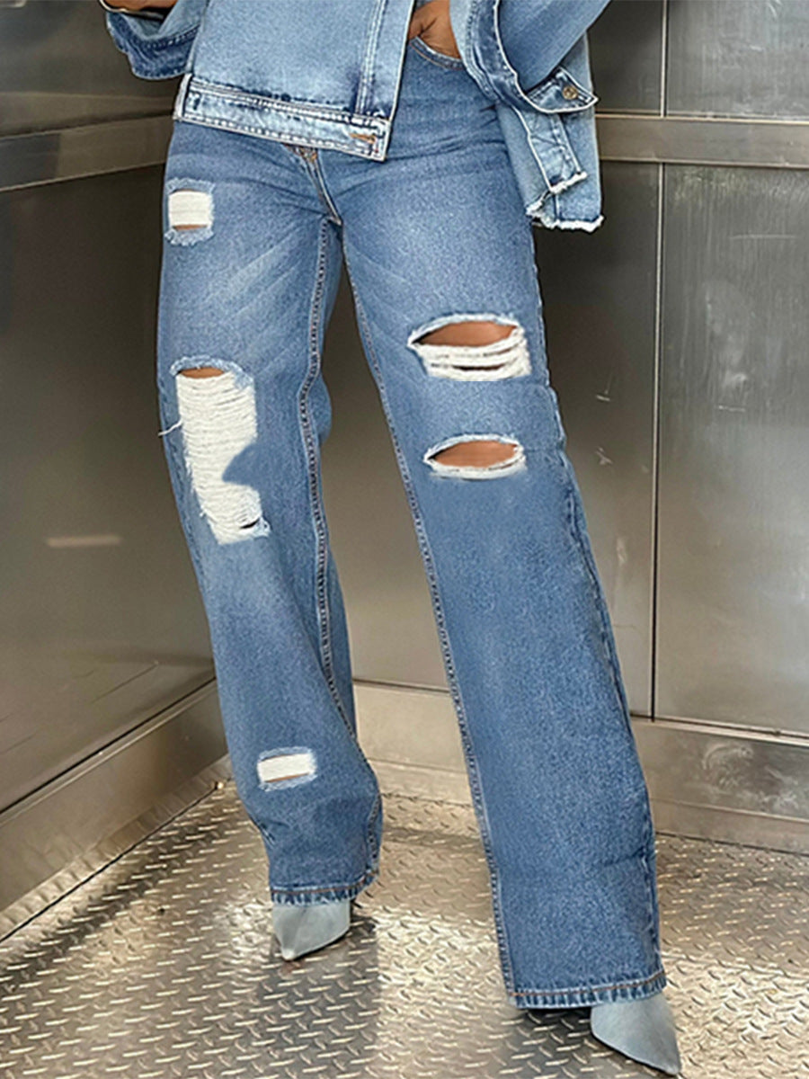 Washed Straight Leg Ripped Jeans