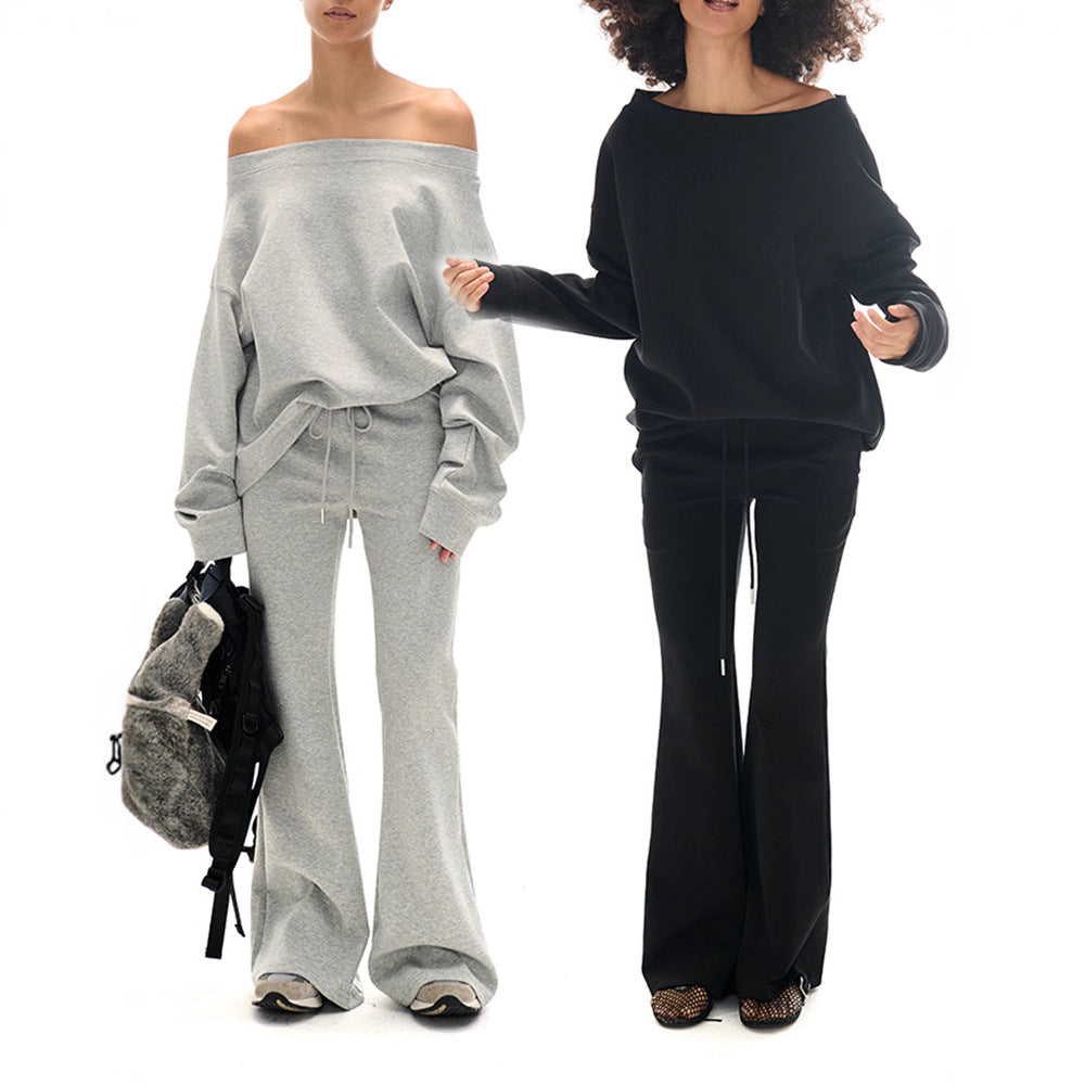 Shoulder Cut-Out Crop Top with Long Sleeve Matched with Flared Leg Wide-Leg Sweatpants