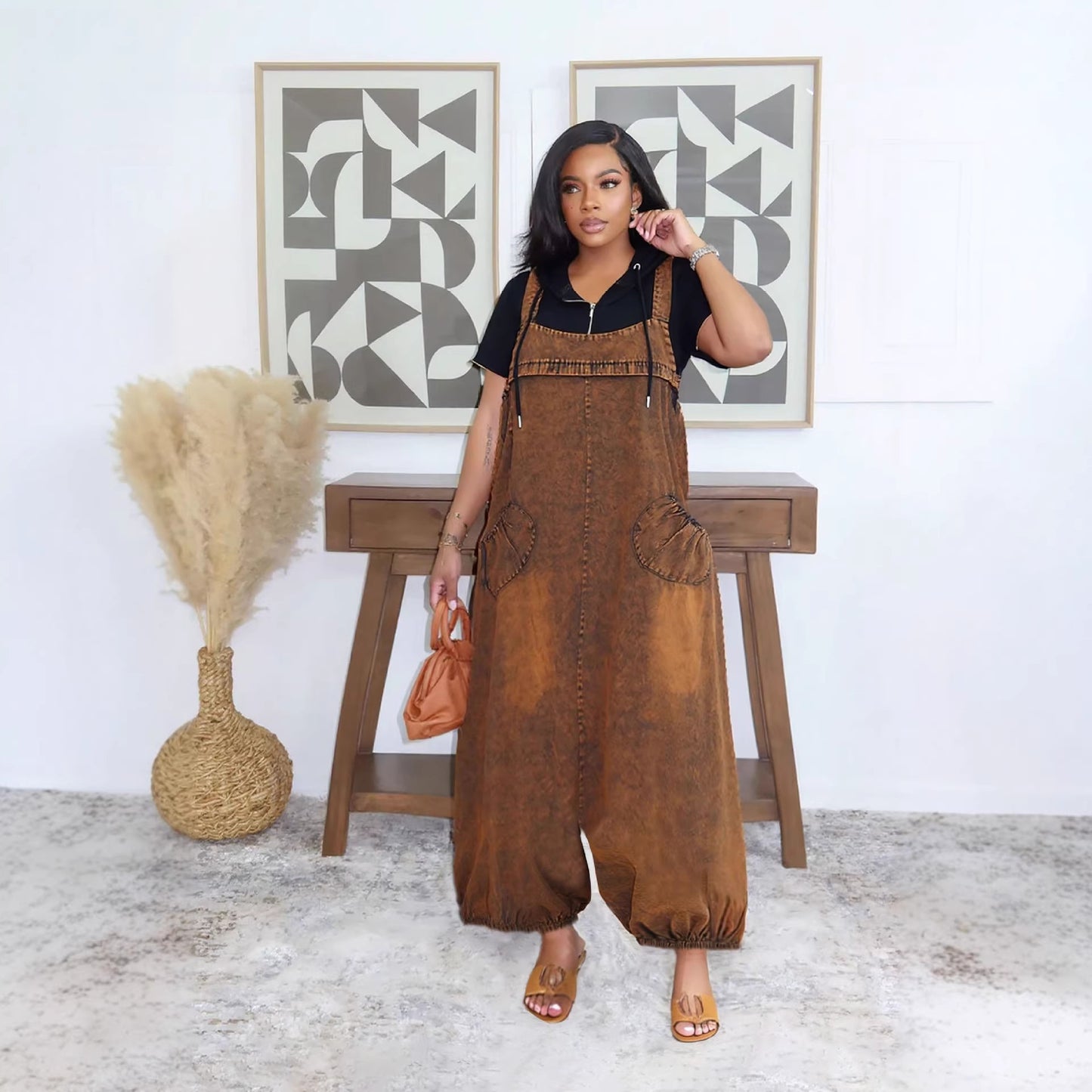 Casual denim overalls with slant pockets and lantern pants design, perfect for spring and summer, by Plush Fashion Hub.