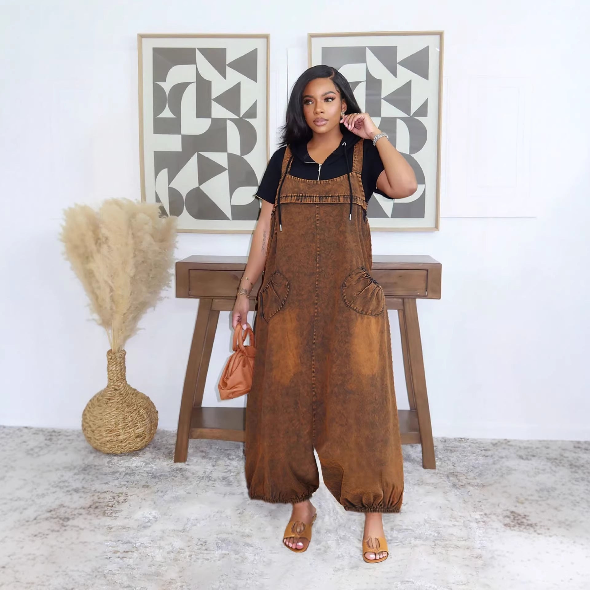 Spring Summer Casual Loose Slant Pocket Lantern Denim Overalls