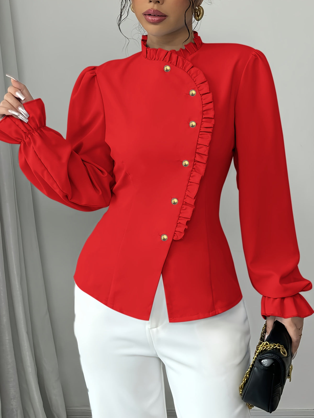 Elegant pleated long sleeve women's blouse by eprolo featuring a chic designer style and flattering fit.