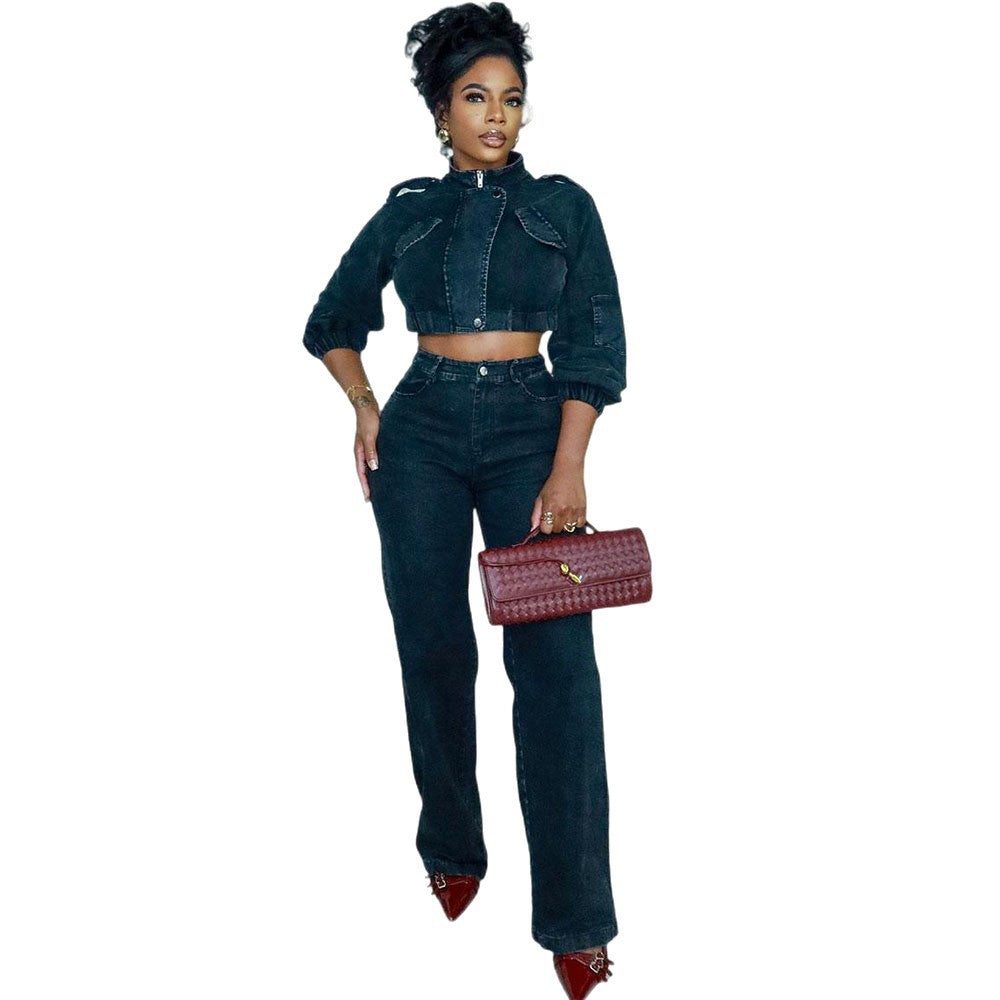 Denim Set Fashion Long Sleeve Cropped Jacket High Waist Denim Pants