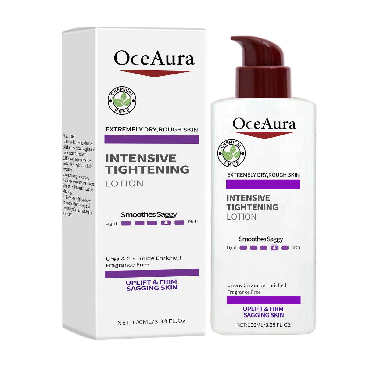 OceAura intensive tightening lotion bottle and box, white with purple text and a dark red pump.