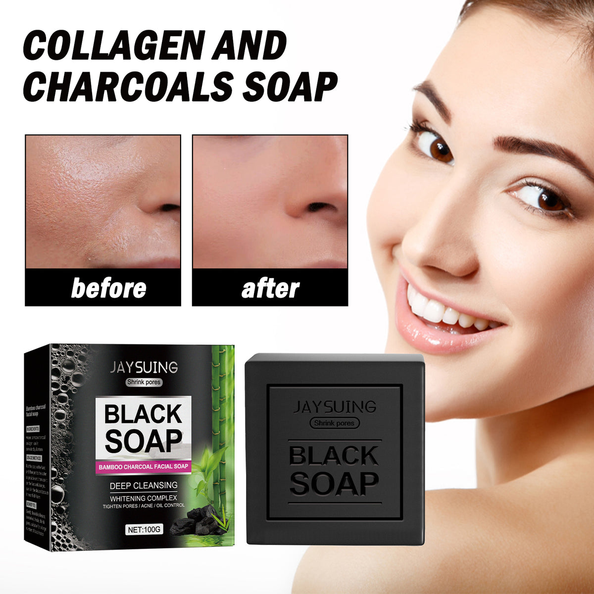 Black bar soap and box labeled "Jaysuing Black Soap," featuring bamboo charcoal graphics and before/after face comparisons.