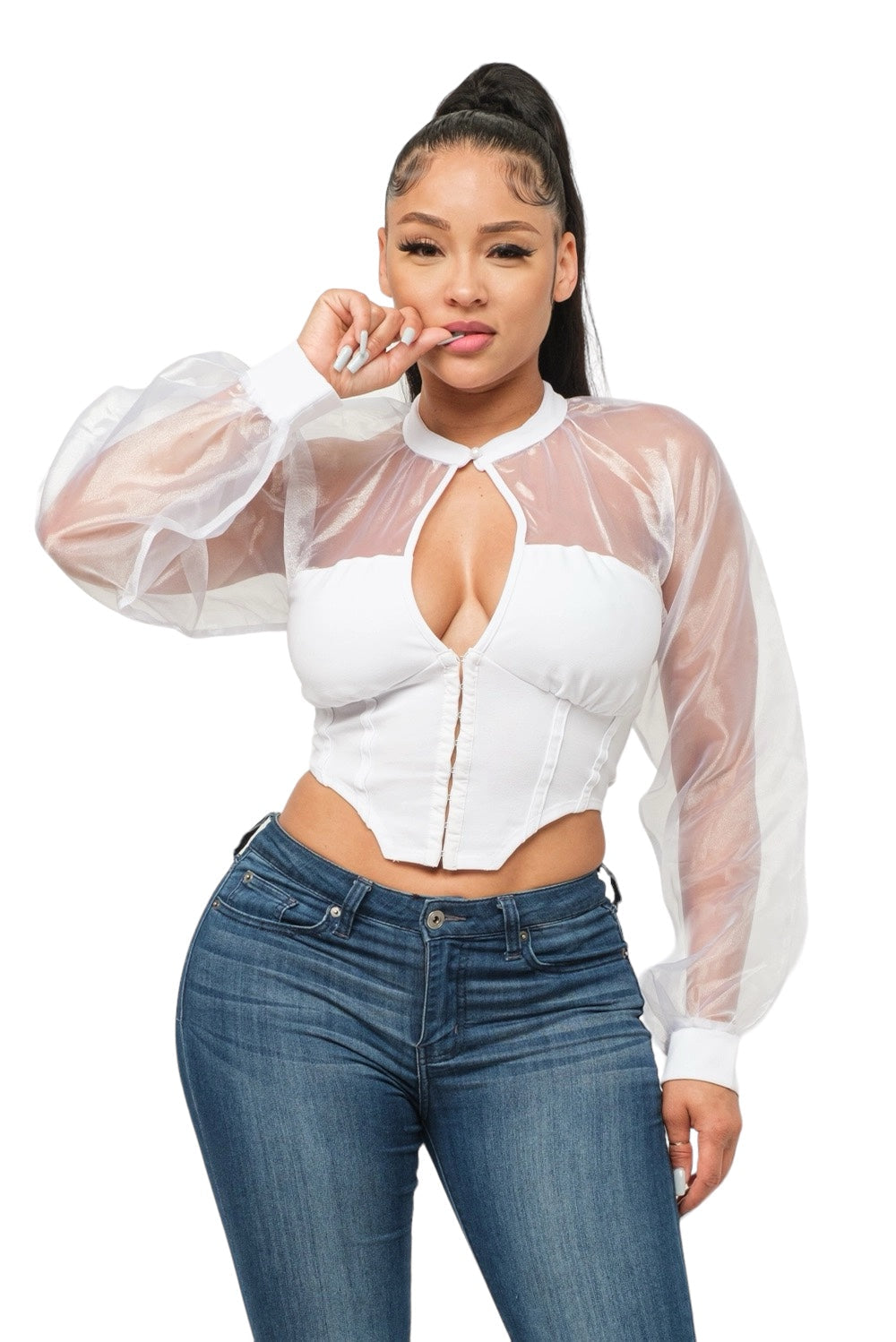 Black blouse from The House of Stylez featuring front hook and eyelet keyhole button closure and a stylish front keyhole design.
