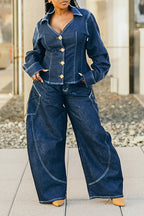 Eprolo curved hem stitched denim jeans showing a close-up of the hem and stitching details on blue denim fabric.