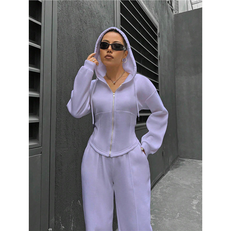 Plush Fashion Hub relaxed hooded zip-up top and wide-leg trouser two-piece set, casual loungewear with hood and comfortable fit.
