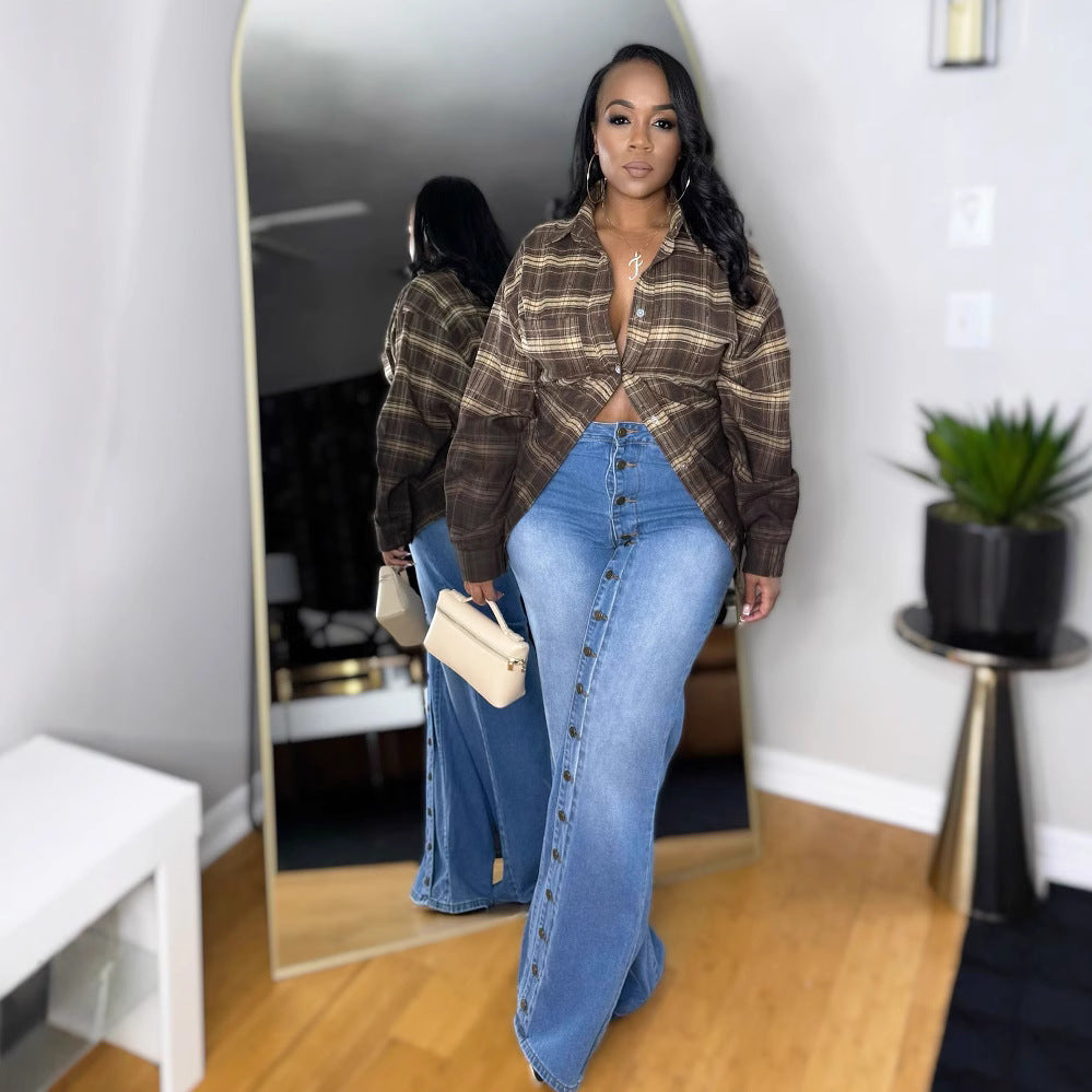 Heavy-duty straight leg jeans by Plush Fashion Hub with multi-button design, shown on a model, showcasing durable denim style.