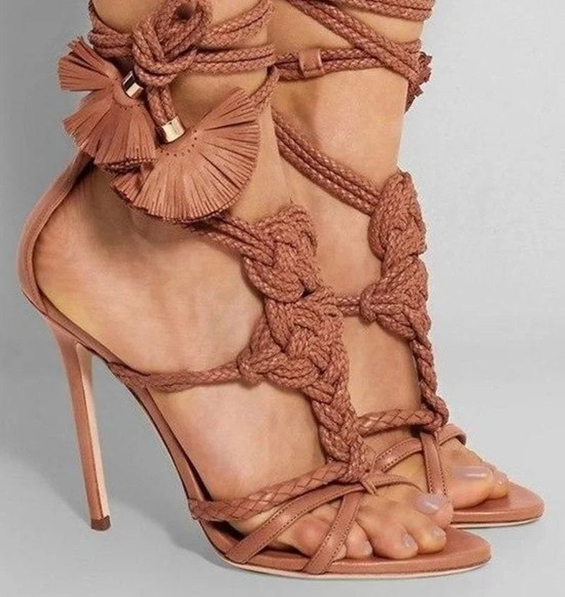 Plush Fashion Hub braided stiletto lace-up heels with chunky heel, open toe design, and stylish leather straps.