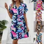 Women's Colorful Tropical Print Shirt Dress – Button Front Short Sleeve Collared A-Line Midi