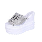 Women wedge heel platform sandals and rhinestone slippers with ankle straps, stylish footwear by Trendy Attic Store01.