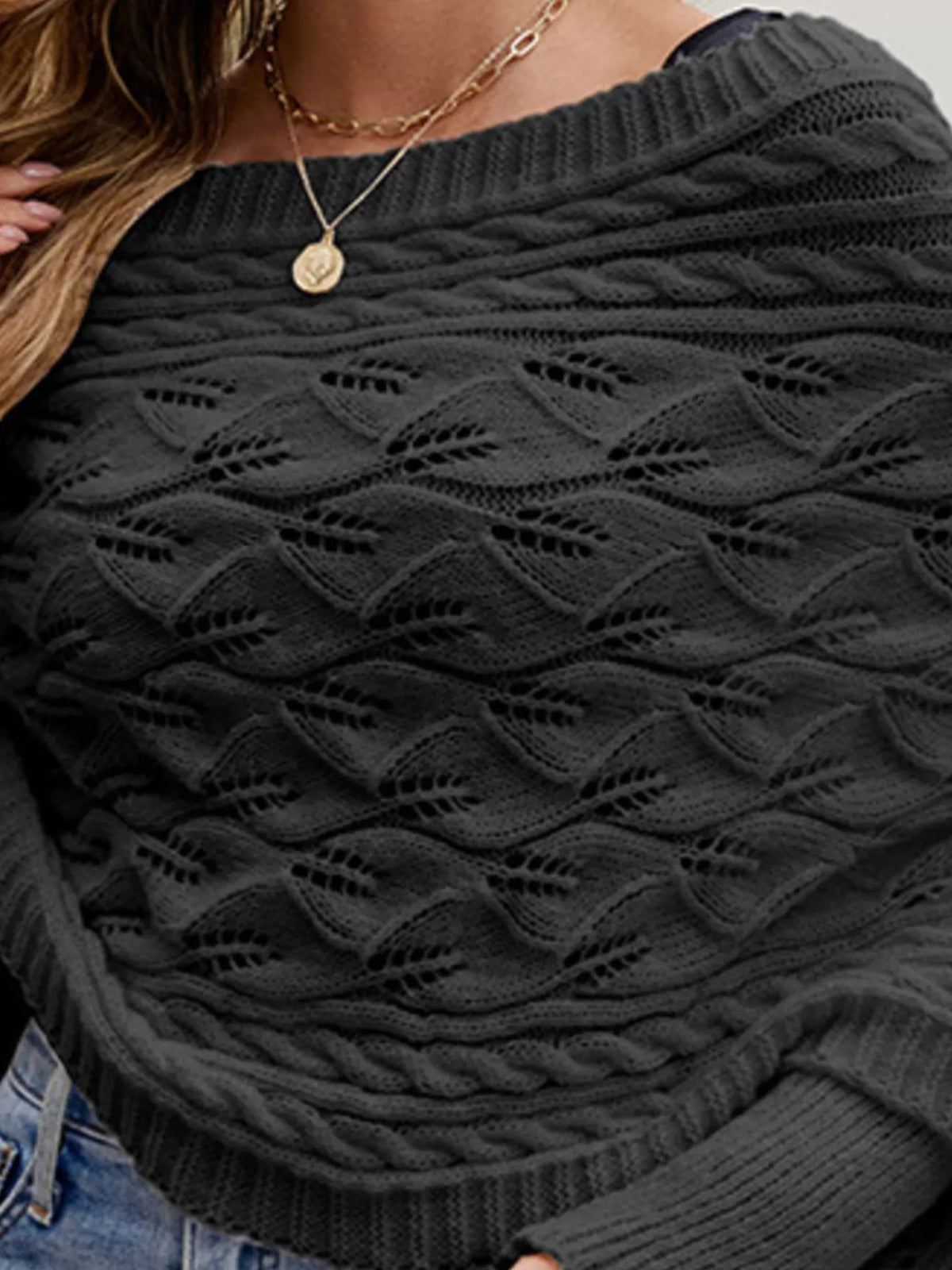 Plush Fashion Hub cable knit batwing sleeve sweater in a cozy, textured design, featuring wide sleeves and a relaxed fit.