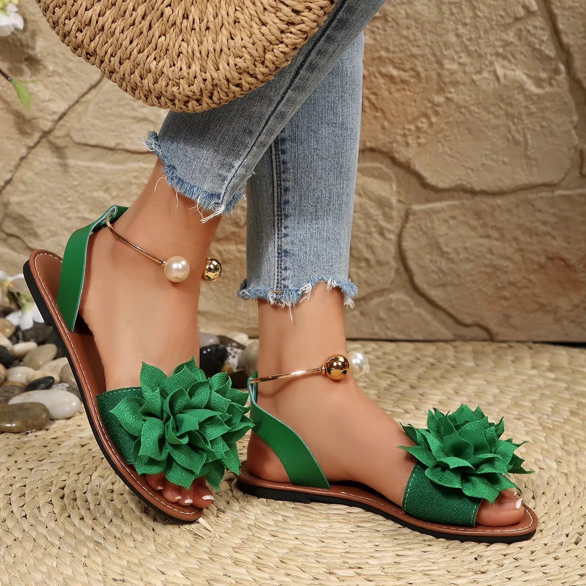 Shopimist floral decor flat sandals with colorful flower embellishments, featuring comfortable flat soles and open toe design.