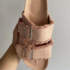 Shopimist frayed edge buckle sandals with open toes and ankle straps, featuring distressed leather details and metal buckle closures.