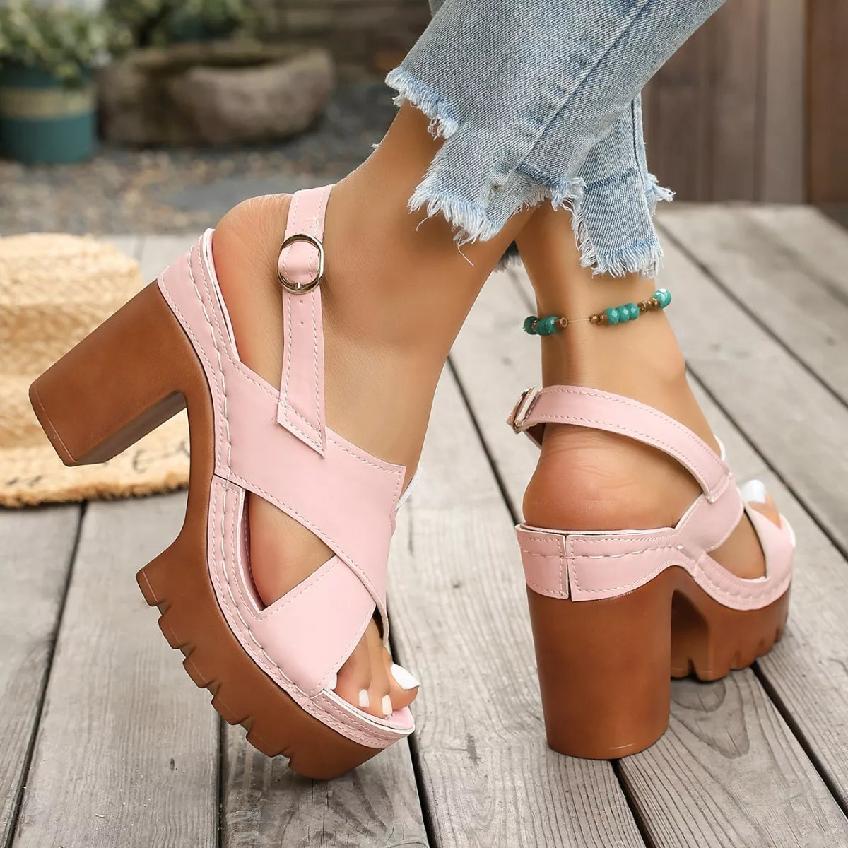 Open toe block heel sandals by Trendsi featuring a stylish design with a comfortable block heel and open toe style.