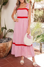 Stripe Bow Knot Straps Contrast Trim High Waist Ruffle Hem Maxi Dress